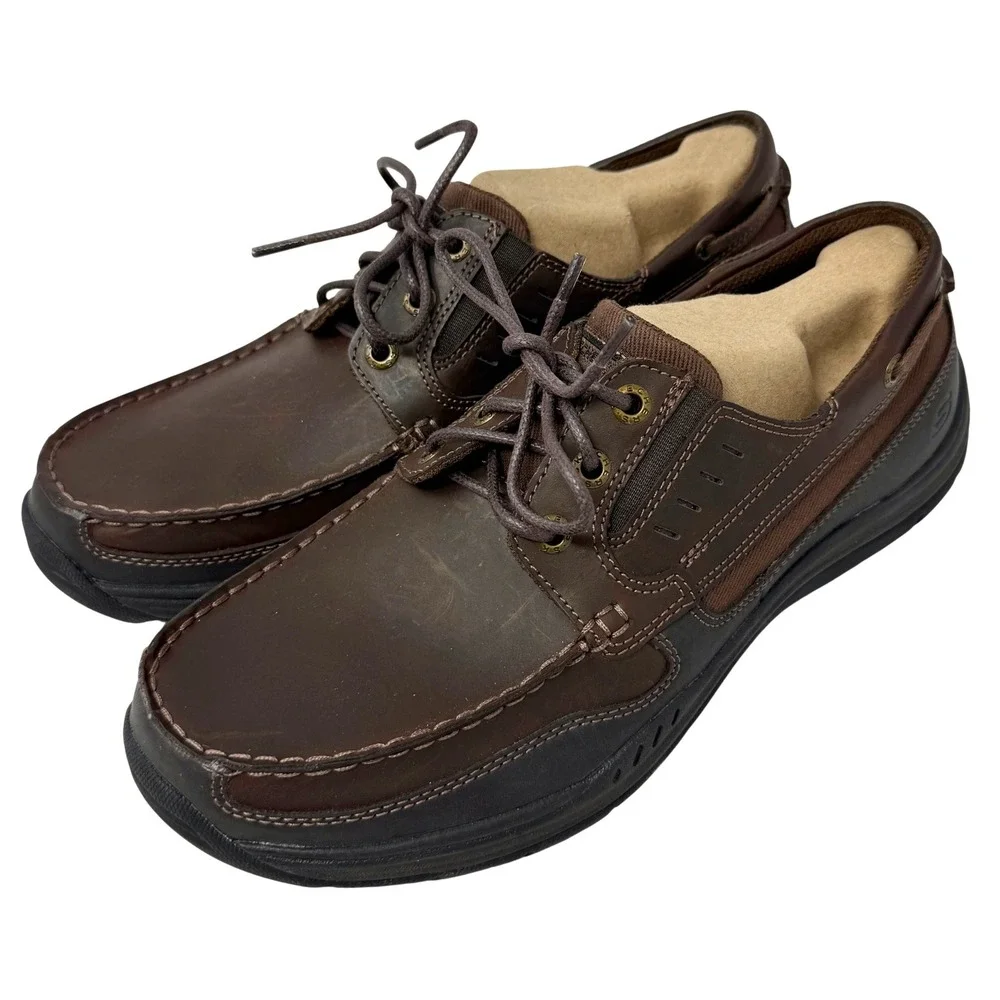 Skechers Expected Gemble Mens 9 Dark Brown Leather Boat Deck Shoes 64114 Office